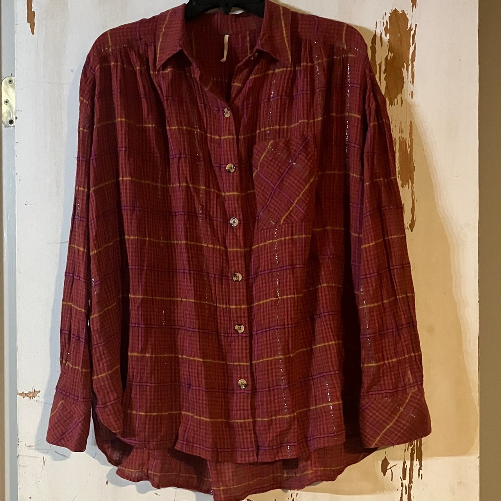 Free People Break My Stride Buttondown Top Shirt Red XSmall XS